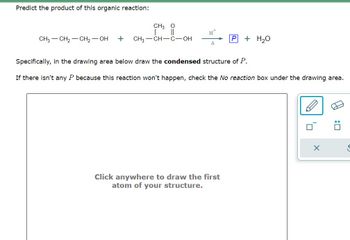 Predict the product of this organic reaction:
CH3
||
CH3 CH₂ CH₂ - OH + CH3-CH-C-OH
H™
+ H₂O
Specifically, in the drawing area below draw the condensed structure of P.
If there isn't any P because this reaction won't happen, check the No reaction box under the drawing area.
Click anywhere to draw the first
atom of your structure.
0
X