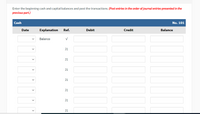 Enter the beginning cash and capital balances and post the transactions. (Post entries in the order of journal entries presented in the
previous part.)
Cash
No. 101
Date
Explanation
Ref.
Debit
Credit
Balance
Balance
J1
J1
J1
J1
J1
J1
J1
