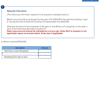 Required information
[The following information applies to the questions displayed below.]
Moran owns a building he bought during year 0 for $150,000. He sold the building in year
6. During the time he held the building, he depreciated it by $32,000.
What are the amount and character of the gain or loss Moran will recognize on the sale in
each of the following alternative situations?
Note: Loss amounts should be indicated by a minus sign. Enter NA if a situation is not
applicable. Leave no answers blank. Enter zero if applicable.
c. Moran received $110,000.
Description
Total Gain or (Loss) Recognized
Remaining $1231 gain or (loss)
Amount