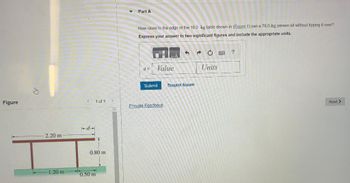 Figure
2.20 m
Part A
How close to the edge of the 18.0 kg table shown in (Figure 1) can a 76.0-kg person sit without tipping it over?
Express your answer to two significant figures and include the appropriate units.
20
?
Value
Units
Submit
Request Answer
<
1 of 1 >
Provide Feedback
0.80 m
1.20 m
0.50 m
Next >