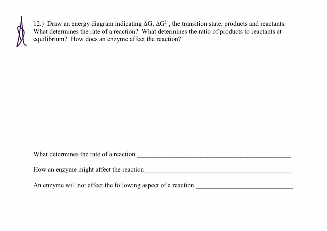 12.) Draw an energy diagram indicating AG, AG² , the transition state, products and reactants.
What determines the rate of a reaction? What determines the ratio of products to reactants at
equilibrium? How does an enzyme affect the reaction?
What determines the rate of a reaction
How an enzyme might affect the reaction
An enzyme will not affect the following aspect of a reaction
