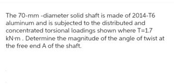 The 70-mm-diameter solid shaft is made of 2014-T6
aluminum and is subjected to the distributed and
concentrated torsional loadings shown where T=1.7
kN·m. Determine the magnitude of the angle of twist at
the free end A of the shaft.