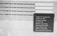 **Understanding the RAMP Process in Risk Assessment**

The RAMP process is crucial for identifying and mitigating hazards in any risk assessment exercise. Each letter in "RAMP" stands for a specific step in the process, which ensures comprehensive evaluation and management of potential risks. This section will help you understand what each letter represents and how it contributes to the overall risk management strategy.

**RAMP Breakdown:**

- **The R in RAMP from the Risk Assessment Exercise stands for:**
  - Recognize hazards

- **The A in RAMP from the Risk Assessment Exercise stands for:**
  - Assess hazard risks

- **The M in RAMP from the Risk Assessment Exercise stands for:**
  - Minimize hazard risks

- **The P in RAMP from the Risk Assessment Exercise stands for:**
  - Prepare for emergencies

**Options Available:**

When determining what each letter stands for, you may encounter several options:
- Prepare for emergencies
- Analyze the data
- Recognize hazards
- Promote PPE (Personal Protective Equipment)
- Minimize hazard risks
- Rate experiment steps
- Assess hazard risks
- Measure all reactants
- Place chemicals at eye level

By understanding these components, you can effectively conduct a risk assessment that identifies, evaluates, mitigates, and prepares for potential hazards, ensuring a safer working environment.