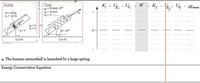 Initial
Final
Yp = (3 m)sin 37°
y= 15 ms
X -0-
K, + , + U +
- K, + g,* Uy + AEtem
m= 60 kg
X- 3,0 m
k-?
0-37°
Earth
Earth
4. The human cannonball is launched by a huge spring.
Energy Conservation Equation
