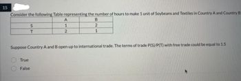 15
Consider the following Table representing the number of hours to make 1 unit of Soybeans and Textiles in Country A and Country B:
S
T
A
B
2
2
1
1
Suppose Country A and B open up to international trade. The terms of trade P(S)/P(T) with free trade could be equal to 1.5
True
False