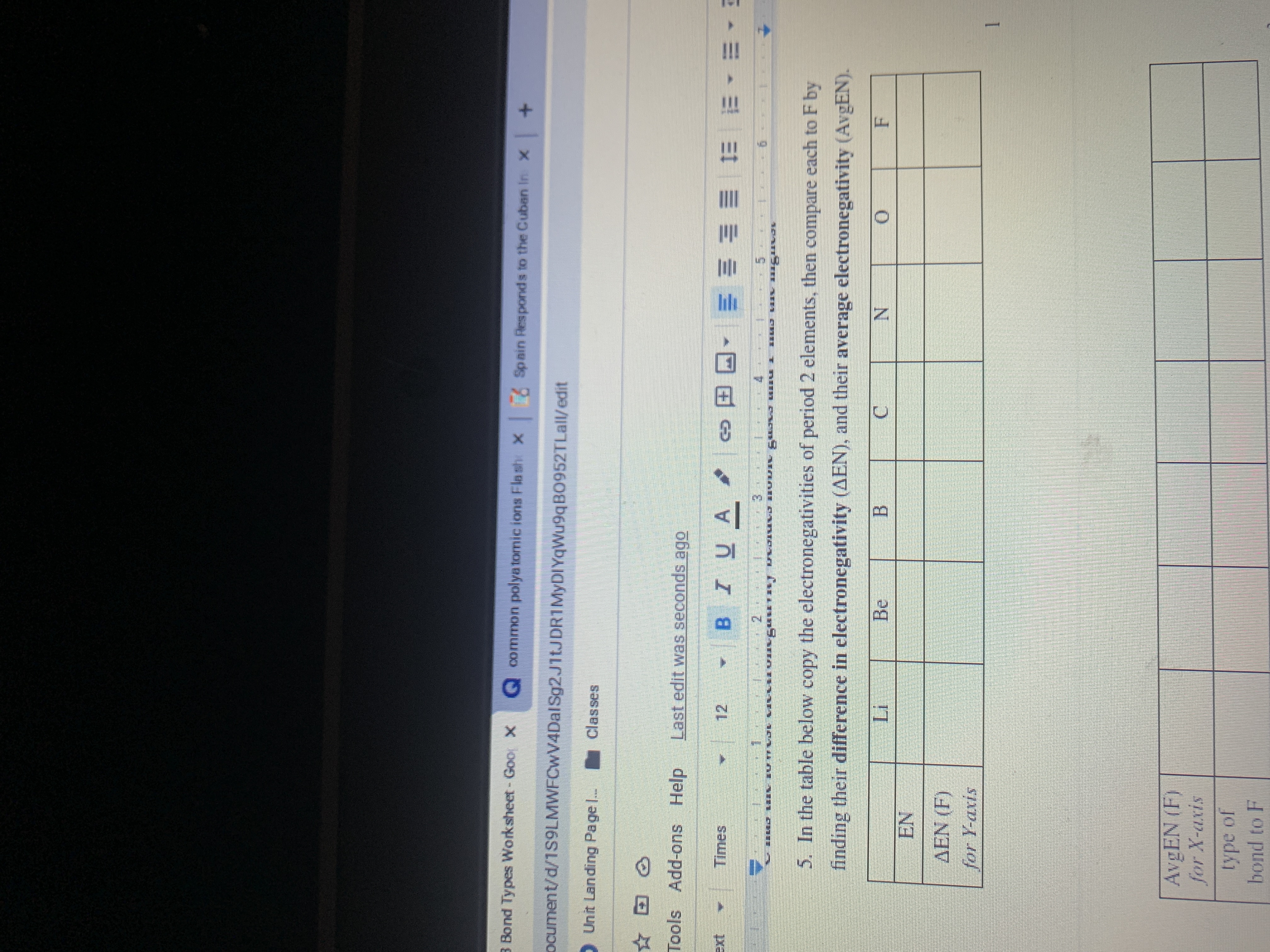 5. In the table below copy the electronegativities of period 2 elements, then compare each to F by
finding their difference in electronegativity (AEN), and their average electronegativity (AvgEN).
Li
Be
F
EN
AEN (F)
for Y-axis
