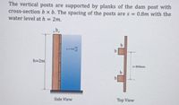 The vertical posts are supported by planks of the dam post with
cross-section bx b. The spacing of the posts are s =
0.8m with the
water level at h = 2m.
Y-981
h=2m
s-800mm
b.
Side View
Top View
