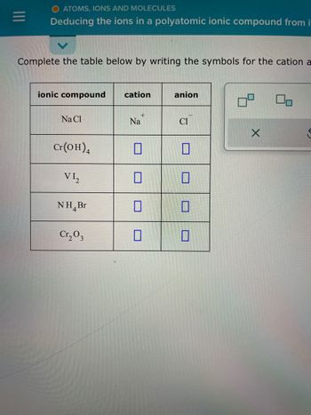 |||
O ATOMS, IONS AND MOLECULES
Deducing the ions in a polyatomic ionic compound from i
Complete the table below by writing the symbols for the cation a
ionic compound
Na Cl
Cr(OH)4
VI₂
NH Br
Cr₂ 03
cation
+
Na
П
0
0
anion
Cl
0
0
0
90