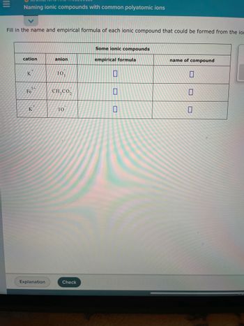 Naming ionic compounds with common polyatomic ions
Fill in the name and empirical formula of each ionic compound that could be formed from the ion
cation
K
3+
Fe
K
Explanation
anion
10₂
CH,CO,
IO
Check
Some ionic compounds
empirical formula
name of compound