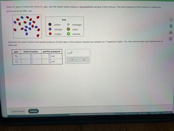 **Educational Content on Gas Mixture Calculation**

Some \( \text{N}_2 \) gas is mixed with some \( \text{O}_2 \) gas, and the sketch below shows a representative sample of the mixture. The total pressure of the mixture is measured and found to be 900 torr.

**Diagram Explanation:**

- The diagram shows a collection of gas particles. 
- A key is provided:
  - Black: Carbon
  - Blue: Nitrogen
  - Red: Oxygen
  - White: Hydrogen
  - Yellow: Sulfur
  - Green: Chlorine
- In this context, focus on the blue points (Nitrogen) and red points (Oxygen) in the sample sketch, as they represent \( \text{N}_2 \) and \( \text{O}_2 \) respectively.

**Calculation Task:**

Calculate the mole fraction and partial pressure of each gas in this mixture. Round your answers to three significant digits. Assume each gas behaves as an ideal gas.

**Table for Input:**

| Gas   | Mole Fraction | Partial Pressure (torr) |
|-------|---------------|-------------------------|
| \( \text{N}_2 \)  |               |                         |
| \( \text{O}_2 \)  |               |                         |

Please enter your calculations in the appropriate boxes.

**Actions:**

- To complete the exercise, input the mole fraction and partial pressure for \( \text{N}_2 \) and \( \text{O}_2 \) in the table.
- Use the "Submit" button to check your answers or click "I Don't Know" if you need assistance.

Consider the assumption that the gases behave ideally to simplify the calculations based on the total pressure given.

---

This educational guide aims to enhance understanding of gas mixtures using the ideal gas law and partial pressure concepts.