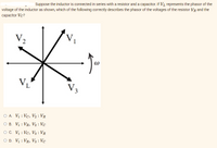 Suppose the inductor is connected in series with a resistor and a capacitor. If V₁, represents the phasor of the
voltage of the inductor as shown, which of the following correctly describes the phasor of the voltages of the resistor VR and the
capacitor Vc?
V₂
- Joo
Vi
X
O A. V₁ Vc, V₂: VR
:
OB. V₁ VR, V₂: Vc
O C. V₁ Vc, V3: VR
OD. V₁ VR, V3: Vc
V 3
3