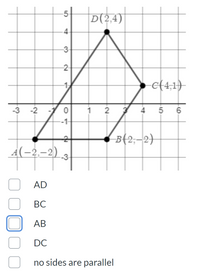 D(2,4)
4-
-3-
2-
c(4,1)
-3 -2
1 2
4 5
6
B{2;–2)
A(-2,–2)
-3-
AD
ВС
АВ
DC
no sides are parallel
5.
1,
1.
