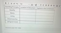BIUX X2 12pt
E E E
= =因
Founding Principles Location in Document Applied in the Constitution
equality
liberty
voting
three branches
self-government
Characters used: 139/ 15000
