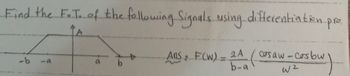 Find the F.T. of the following Signals using differentiation pro
A
-b
-a
a
Ans F(W) - 2A
b-a
casaw-cosbw
W2
(