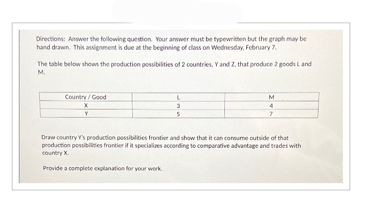 Directions: Answer the following question. Your answer must be typewritten but the graph may be
hand drawn. This assignment is due at the beginning of class on Wednesday, February 7.
The table below shows the production possibilities of 2 countries, Y and Z, that produce 2 goods L and
M.
Country/Good
X
Y
L
3
5
M
4
7
Draw country Y's production possibilities frontier and show that it can consume outside of that
production possibilities frontier if it specializes according to comparative advantage and trades with
country X.
Provide a complete explanation for your work.