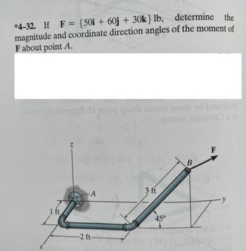 **Problem Statement:**

*4–32. If **F** = {50i + 60j + 30k} lb, determine the magnitude and coordinate direction angles of the moment of **F** about point A.

**Diagram Description:**

The diagram depicts a 3D coordinate system with a pipe structure that includes several segments and angles. 

- Point A is located at the origin where all three axes x, y, and z intersect. 
- From point A, a horizontal segment runs 1 ft along the x-axis, then turns 90 degrees to run 2 ft parallel to the y-axis. 
- At the end of this segment, the pipe extends upwards at a 45-degree angle for 3 ft towards point B.
- Force **F** is applied at point B, extending outwards from the pipe.

**Key Features:**

- The coordinate axes are labeled x, y, and z.
- The angle between the upward-extending pipe segment and the horizontal plane is 45 degrees.
- The problem requires calculating the moment of force **F** about point A, which involves understanding the cross-product of vectors and the concept of moments in physics.
