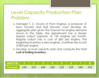 Level Capacity Production Plan
Problem
o Manager T. C. Downs of Plum Engines, a producer of
lawn mowers and leaf blowers, must develop an
aggregate plan given the forecast for engine demand
shown in the table. The department has a steady
regular output capacity of 130 engines per month.
Regular output has a cost of $60 per engine. The
beginning inventory is zero engines. Overtime has a cost
of $90 per engine.
o Develop a Level capacity plan and compute the total
cost of Ending Inventory.
MONTH
1
2
3
4
6
7
8.
Forecast
120
135
140
120
125
125
140
135
