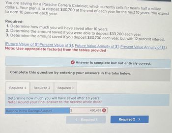 You are saving for a Porsche Carrera Cabriolet, which currently sells for nearly half a million
dollars. Your plan is to deposit $30,700 at the end of each year for the next 10 years. You expect
to earn 10 percent each year.
Required:
1. Determine how much you will have saved after 10 years.
2. Determine the amount saved if you were able to deposit $33,200 each year.
3. Determine the amount saved if you deposit $30,700 each year, but with 12 percent interest.
(Future Value of $1,Present Value of $1, Future Value Annuity of $1, Present Value Annuity of $1.)
Note: Use appropriate factor(s) from the tables provided
X Answer is complete but not entirely correct.
Complete this question by entering your answers in the tabs below.
Required 1 Required 2
Required 3
Determine how much you will have saved after 10 years.
Note: Round your final answer to the nearest whole dollar.
Balance in the Savings Account
$
490,483
< Required 1
Required 2 >