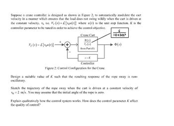 Suppose a crane controller is designed as shown in Figure 2, to automatically modulate the cart
velocity in a manner which ensures that the load does not swing wildly when the cart is driven at
the constant velocity, vo i.e. Vr(s) = L{v₁u(t)} where u(t) is the unit step function. K is the
controller parameter to be tuned in order to achieve the control objective.
Vr(s) = L{vou(t)}
+
Crane Cart
Vr(s)
from Part (1)
S+ K
Controller
Figure 2: Control Configuration for the Crane.
S
10+305²
→ Þ(s)
Design a suitable value of K such that the resulting response of the rope sway is non-
oscillatory.
Sketch the trajectory of the rope sway when the cart is driven at a constant velocity of
V = 2 m/s. You may assume that the initial angle of the rope is zero.
Explain qualitatively how the control system works. How does the control parameter K affect
the quality of control?