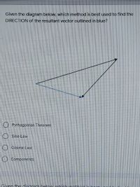 Given the diagram below, which method is best used to find the
DIRECTION of the resultant vector outlined in blue?
O Pythagorean Theorem
O Sine Law
) Cosine Law
O Components
Given the diagram helow which
