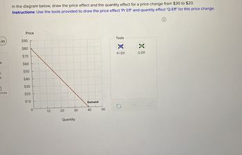 In the diagram below, draw the price effect and the quantity effect for a price change from $30 to $20.
Instructions: Use the tools provided to draw the price effect 'Pr Eff' and quantity effect 'Q Eff' for this price change.
Price
:23
$90
Tools
$80
$70
Pr Eff
Q Eff
k
$60
$50
ht
$40
1
$30
ences
$20
$10
Demand
0
10
20
30
40
50
Quantity