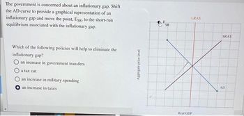 The government is concerned about an inflationary gap. Shift
the AD curve to provide a graphical representation of an
inflationary gap and move the point, ESR, to the short-run
equilibrium associated with the inflationary gap.
Which of the following policies will help to eliminate the
inflationary gap?
O an increase in government transfers
a tax cut
an increase in military spending
an increase in taxes
Aggregate price level
SR
LRAS
Real GDP
AD
SRAS