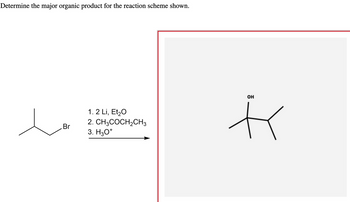 Determine the major organic product for the reaction scheme shown.
e
Br
1.2 Li, Et₂O
2. CH3COCH₂CH3
3. H3O*
OH
K