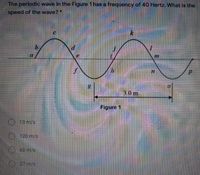 The periodic wave in the Figure 1 has a frequency of 40 Hertz. What is the
speed of the wave?*
b.
3.0 m
Figure 1
13 m/s
120 m/s
60 m/s
27 m/s
