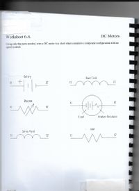 Worksheet 6-A
DC Motors
Using only the parts needed, wire a DC motor in a short-shunt cumulative compound configuration with no
speed control.
Bottery
Shunt Field
B1
B2
FL
F2
Rheostot
AL
A2
R1
R2
Ecenf
Ar roture ResistanCE
Lond
Ser ies Field
$1
$2
L1
L2
