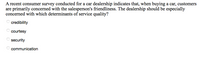 A recent consumer survey conducted for a car dealership indicates that, when buying a car, customers
are primarily concerned with the salesperson's friendliness. The dealership should be especially
concerned with which determinants of service quality?
credibility
courtesy
security
O communication
