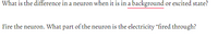 What is the difference in a neuron when it is in a background or excited state?
Fire the neuron. what part of the neuron is the electricity “fired through?
