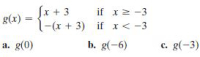 - Jx + 3
1-(r + 3) if x < -3
if x2 -3
g(x) :
%3D
a. g(0)
b. g(-6)
c. g(-3)
