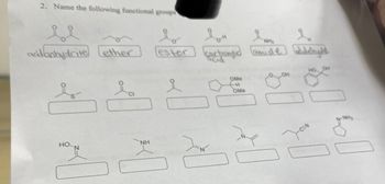 2. Name the following functional groups
bo
ester
and anhydrite ether
HO-N
ia
CI
NH
e
0-4
carboxylic amide aldehyde
M
OMe
-H
OMe
OH
160
0
-CEN
Nh