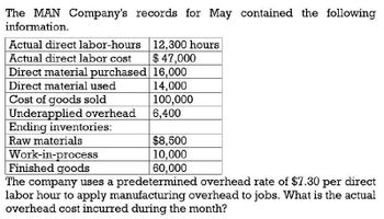 The MAN Company's records for May contained the following
information.
Actual direct labor-hours
Actual direct labor cost
12,300 hours
$ 47,000
Direct material purchased 16,000
Direct material used
14,000
Cost of goods sold
100,000
Underapplied overhead
6,400
Ending inventories:
$8,500
10,000
60,000
Raw materials
Work-in-process
Finished goods
The company uses a predetermined overhead rate of $7.30 per direct
labor hour to apply manufacturing overhead to jobs. What is the actual
overhead cost incurred during the month?