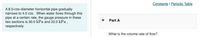 Constants I Periodic Table
A 8.0-cm-diameter horizontal pipe gradually
narrows to 4.0 cm . When water flows through this
pipe at a certain rate, the gauge pressure in these
two sections is 30.0 kPa and 22.0 kPa ,
respectively.
Part A
What is the volume rate of flow?
