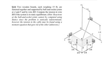 Q.4) Two wooden boards, each weighing 15 lb, are
fastened together and supported by ball-and-socket joints
at A and F and by wire BH. Compute the tension in wire
BH if the system is in static equilibrium. (Hint: Reactions
at the ball-and-socket joints cannot be computed using
Statics since the problem is statically indeterminant,
however the tension in the cable may be found using a
moment equation that gets rid of the other unknowns.)
2 ft
15 lb
2 ft
2 ft
B
3 ft
-
2 ft
H
15 lb
2 ft
6 ft