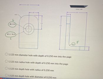 R.75
00.63 THRU
01.123 0.250
2.00
1.00
1.38
3.38
O 1.123 mm diameter hole with depth of 0.250 mm into the page
1.123 mm depth hole with radius of 0.250 mm
38
1.123 mm radius hole with depth of 0.250 mm into the page
1.123 mm depth hole with diameter of 0.250 mm
R.25
SCALE 2.000
2.00
F
T
38
11