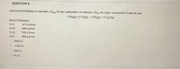 QUESTION 6
Use bond enthalpies to estimate AHrxn for the combustion of methane, CH4, the major component of natural gas.
CH4(9) +2 O2(g) → CO2(g) + 2 H₂O(g)
Bond Enthalpies
C-H
O=O
C=O
O-H
410 kJ/mol
498 kJ/mol
745 kJ/mol
460 kJ/mol
-690 KJ
-1192 kJ
226 kJ
51 kJ