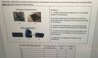 Instruction: Identify the parts/components as illustrated in the pictures and write down the corresponding
letter of each function written below:
Computer Standard Parts:
Funtions:
A. A device that sends information to a computer
system for processing.
B. Control instructions and data flow to and from
other parts of the computer. It is the heart and brain
of a computer.
1.
2.
C. It execute the instructions, control storage data
and input or output devices attached the computer.
Basic Components:
D. A printed circuit board that is the foundation of a
computer and is considered to be the backbone of
the computer.
E. Reproduces or displays the results of that
processing.
3.
4.
Name of Parts/Components
Corresponding
Function Letter
/ (yes), X
(no)
/ (yes), X
(no)
1.
2.
3.
4.
5.
