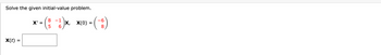 Solve the given initial-value problem.
X(t)
=
X' =
8 -1
5 6
X, X(0) =
(-)