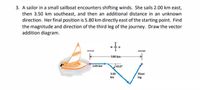 3. A sailor in a small sailboat encounters shifting winds. She sails 2.00 km east,
then 3.50 km southeast, and then an additional distance in an unknown
direction. Her final position is 5.80 km directly east of the starting point. Find
the magnitude and direction of the third leg of the journey. Draw the vector
addition diagram.
5.80 km-
2.00 km
Vas.o
3.50
km
Thind
leg
