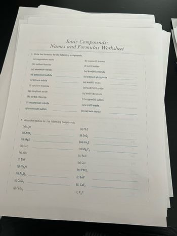 Ionic Compounds:
Names and Formulas Worksheet
1. Write the formulas for the following compounds.
(a) magnesium oxide
(b) sodium fluoride
(c) aluminum nitride
(d) potassium sulfide
(e) lithium iodide
(f) calcium bromide
(g) beryllium oxide
(h) nickel chloride
(i) magnesium nitride
(j) aluminum sulfide
2. Write the names for the following compounds.
(a) Li₂O
(b) AICI,
(c) MgS
(d) Ca0
(e) KBr
(f) BeF
(g) Na N
(h) Al₂0₁
(i) CuCl₂
(j) Febr,
(k) copper(1) bromid
(1) tin(II) iodide
(m) iron(II) chloride
(n) calcium phosphide
(o) lead(II) oxide
(p) lead(IV) fluoride
(q) tin(IV) bromide
(r) copper(II) sulfide
(s) iron(II) oxide
(t) calcium nitride
(k) PbS
(1) SnO₂
(m) Na₂S
(n) Mg3P 2
(0) NiO
(p) Cul
(q) PbCl₂
(r) FeP
(s) CaF₂
(t) K,P