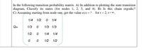 In the following transition probability matrix. A) In addition to plotting the state transition
diagram, Classify its states (for nodes 1, 2, 3, and 4). B) Is this chain ergodic?
C) Assuming starting from node one, get the value 7(1) = ? for t = 2, t=o.
1/4
1/2
1/4
Q=
1/3
1/3 1/3
1/2
1/4
1/4
1/2
1/2
