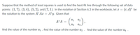 Suppose that the method of least squares is used to find the best-fit line through the following set of data
points: (1,7), (3, 4), (5, 2), and (7, 1). In the notation of Section 6.3 in the workbook, let æ = (c, d)t be
the solution to the system A* Ax = A*y. Given that
a1
A* A =
a2
az
a4
find the value of the number aj . find the value of the number a2
find the value of the number a4 .
