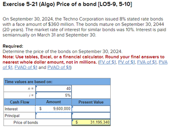 Exercise 5-21 (Algo) Price of a bond [LO5-9, 5-10]
On September 30, 2024, the Techno Corporation issued 8% stated rate bonds
with a face amount of $360 million. The bonds mature on September 30, 2044
(20 years). The market rate of interest for similar bonds was 10%. Interest is paid
semiannually on March 31 and September 30.
Required:
Determine the price of the bonds on September 30, 2024.
Note: Use tables, Excel, or a financial calculator. Round your final answers to
nearest whole dollar amount, not in millions. (FV of $1, PV of $1, FVA of $1, PVA
of $1, FVAD of $1 and PVAD of $1)
Time values are based on:
n =
i=
Cash Flow
Interest
Principal
Price of bonds
$
Amount
40
5%
9,600,000
$
Present Value
31,195,340