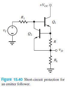 +Vcc ?
R1
Q2
R1.
Figure 15.40 Short-circuit protection for
an emitter follower.
