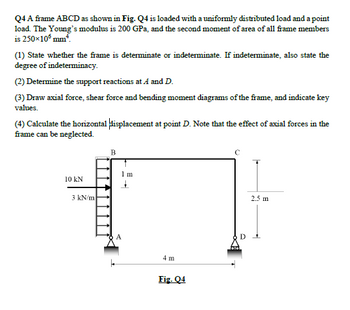 Q4 A frame ABCD as shown in Fig. Q4 is loaded with a uniformly distributed load and a point
load. The Young's modulus is 200 GPa, and the second moment of area of all frame members
is 250x105 mm².
(1) State whether the frame is determinate or indeterminate. If indeterminate, also state the
degree of indeterminacy.
(2) Determine the support reactions at A and D.
(3) Draw axial force, shear force and bending moment diagrams of the frame, and indicate key
values.
(4) Calculate the horizontal displacement at point D. Note that the effect of axial forces in the
frame can be neglected.
10 kN
3 kN/m
B
1 m
A
4 m
Fig. Q4
2.5 m