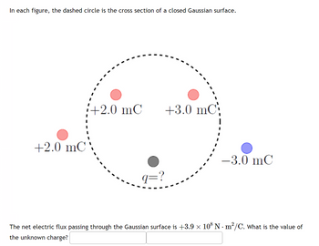 ### Example Problem for Applying Gauss's Law

#### Instructions
In each figure, the dashed circle represents the cross section of a closed Gaussian surface.

#### Diagram Description
In the provided diagram:
- Several point charges are shown, both inside and outside the dashed circle (representing a Gaussian surface):
  - Inside the circle: 
    - +2.0 mC (milliCoulombs) 
    - +3.0 mC
    - + an unknown charge (labeled as \(q = ?\))
  - Outside the circle: 
    - +2.0 mC
    - -3.0 mC (Note: mC is milliCoulombs, a unit for measuring electric charge)

#### Problem Statement
The net electric flux passing through the Gaussian surface is given as \(+3.9 \times 10^8 \, \text{N} \cdot \text{m}^2/\text{C}\). 

Question: What is the value of the unknown charge within the Gaussian surface?

---

### Solution
To find the unknown charge (\( q \)), we use Gauss's Law which states:
\[ \Phi_E = \frac{q_{\text{enc}}}{\epsilon_0} \]
where:
- \(\Phi_E\) is the electric flux through the surface.
- \(q_{\text{enc}}\) is the total charge enclosed within the Gaussian surface.
- \(\epsilon_0\) is the permittivity of free space, \( \epsilon_0 = 8.85 \times 10^{-12} \, \text{C}^2/\text{N} \cdot \text{m}^2 \).

Given data:
- \(\Phi_E = +3.9 \times 10^8 \, \text{N} \cdot \text{m}^2 / \text{C} \)

Calculate the total enclosed charge (\( q_{\text{enc}} \)):
\[ q_{\text{enc}} = \Phi_E \cdot \epsilon_0 \]
\[ q_{\text{enc}} = (3.9 \times 10^8 \, \text{N} \cdot \text{m}^2/\text{C}) \times (8.85 \times 10^{-12} \, \text{C}^2/\text