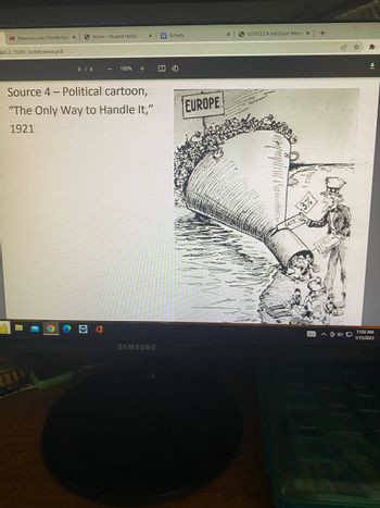 = MS firunners.com | Florida Hig! X
ab5.3_1920s Isolationism.pdf
6 / 6
1
Home - Student Portal
100% +
X W Activity
Source 4-Political cartoon,
"The Only Way to Handle It,"
1921
SAMSUNG
EUROPE
X
SUSTFCCCA InfoZone: Meet: X
GATE
3%
+
CE △@小口
★
↓
11:02 AM
1/13/2023