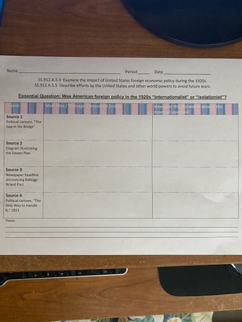 Name
Source
Source 1
Political cartoon, "The
Gap in the Bridge"
SS.912.A.5.3 Examine the impact of United States foreign economic policy during the 1920s.
SS.912.A.5.5 Describe efforts by the United States and other world powers to avoid future wars.
Essential Question: Was American foreign policy in the 1920s "internationalist" or "isolationist"?
Main Idea / Message / Important Details
How does this document answer the
essential question?
Source 2
Diagram illustrating
the Dawes Plan
Source 3
Newspaper headline
announcing Kellogg-
Briand Pact
Thesis:
Period
Source 4
Political cartoon, "The
Only Way to Handle
It," 1921
Date
7412